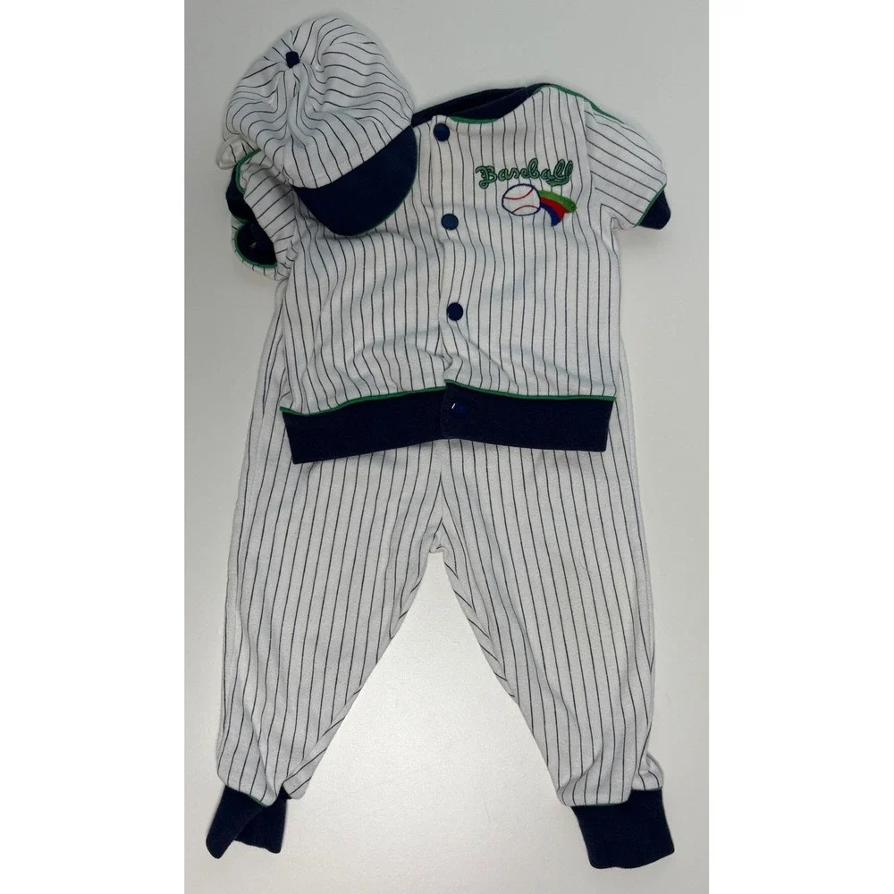 Vintage 18M Carters Teal Sleeper Baseball  Set Blue White Retro Infant Baby